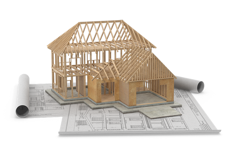 3D House Construction On Blueprints